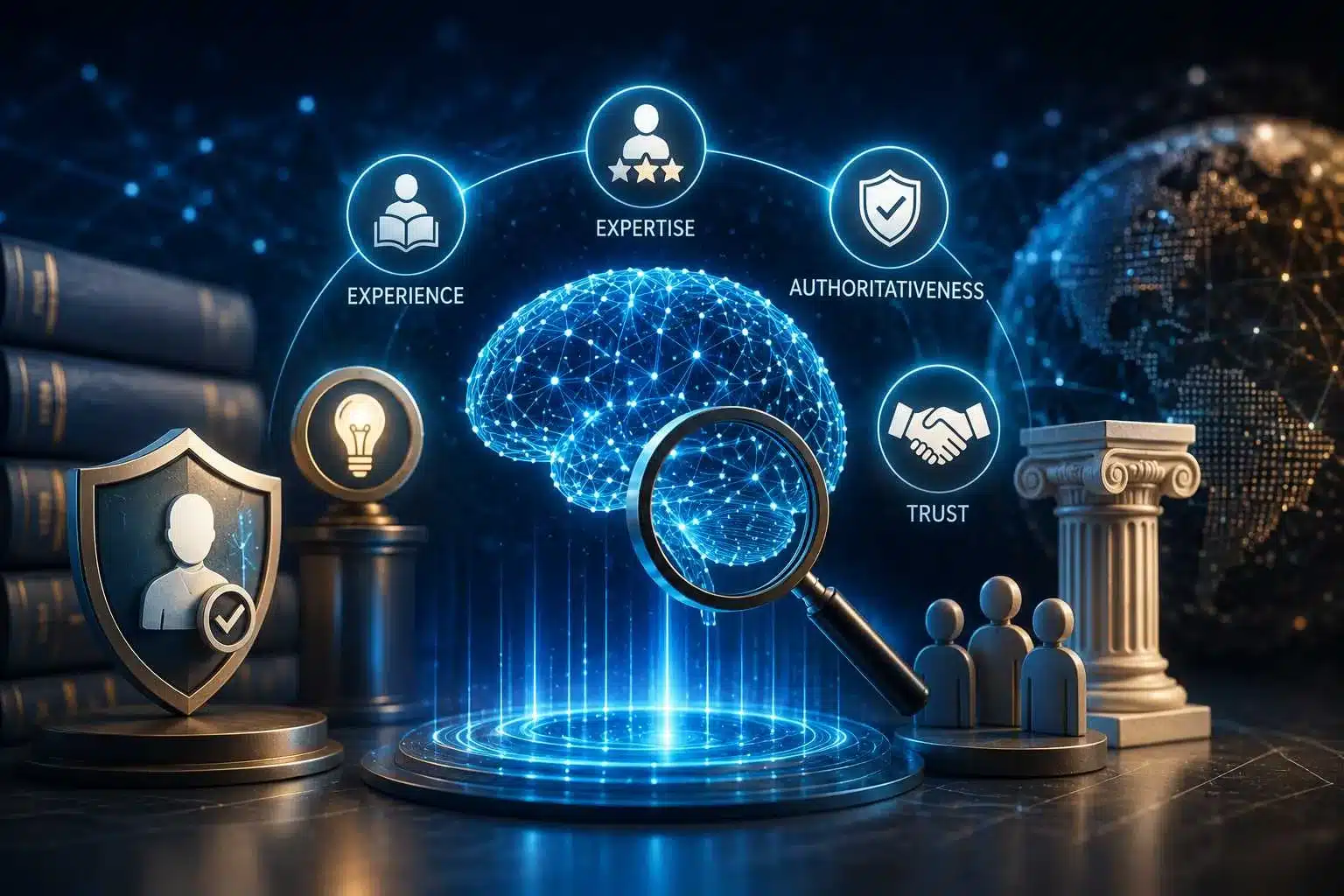 A digital brain graphic with icons for E-E-A-T